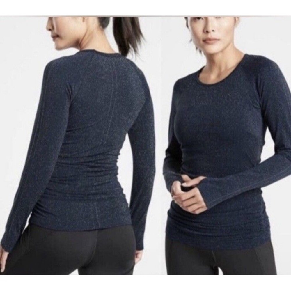 Athleta Speedlight Glow Sparkle Top Navy Shimmer Long Sleeve Ruched Sz XL Gym